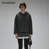 新款 LACERTA 2025秋季 连帽羊毛双面呢短大衣女深灰色学院风外套