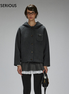 LACERTA 2025秋季新款连帽羊毛双面呢短大衣女深灰色学院风外套