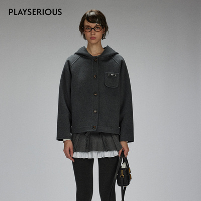 LACERTA 2025秋季新款连帽羊毛双面呢短大衣女深灰色学院风外套