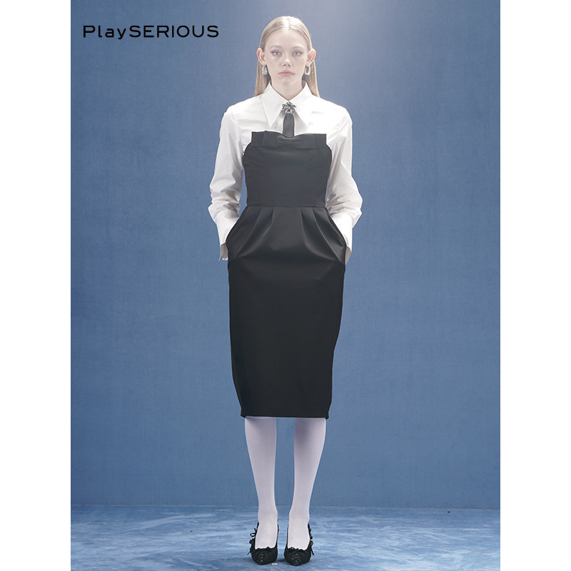 4MILE 秋新款黑色吊带裙气质抹胸修身时尚口袋女士连衣裙