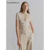 CHAN 夏季 新款 VIKTORIA 百搭真丝系带弧形镂空针织上衣女短袖