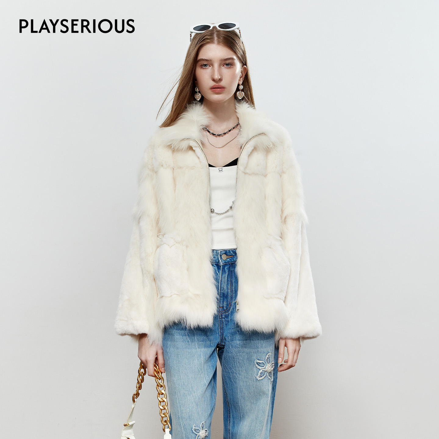 ROCHAROMMA 2025秋季新款兔毛皮草外套女简约百搭毛茸茸保暖外套