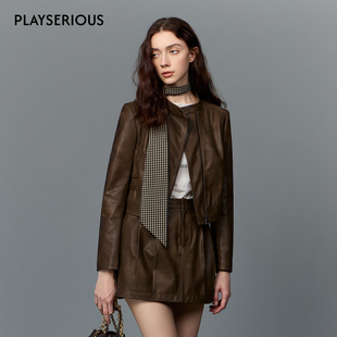 Clink Clunk2025秋季新款擦色立领皮衣A型皮裙时尚秋冬皮裙套装