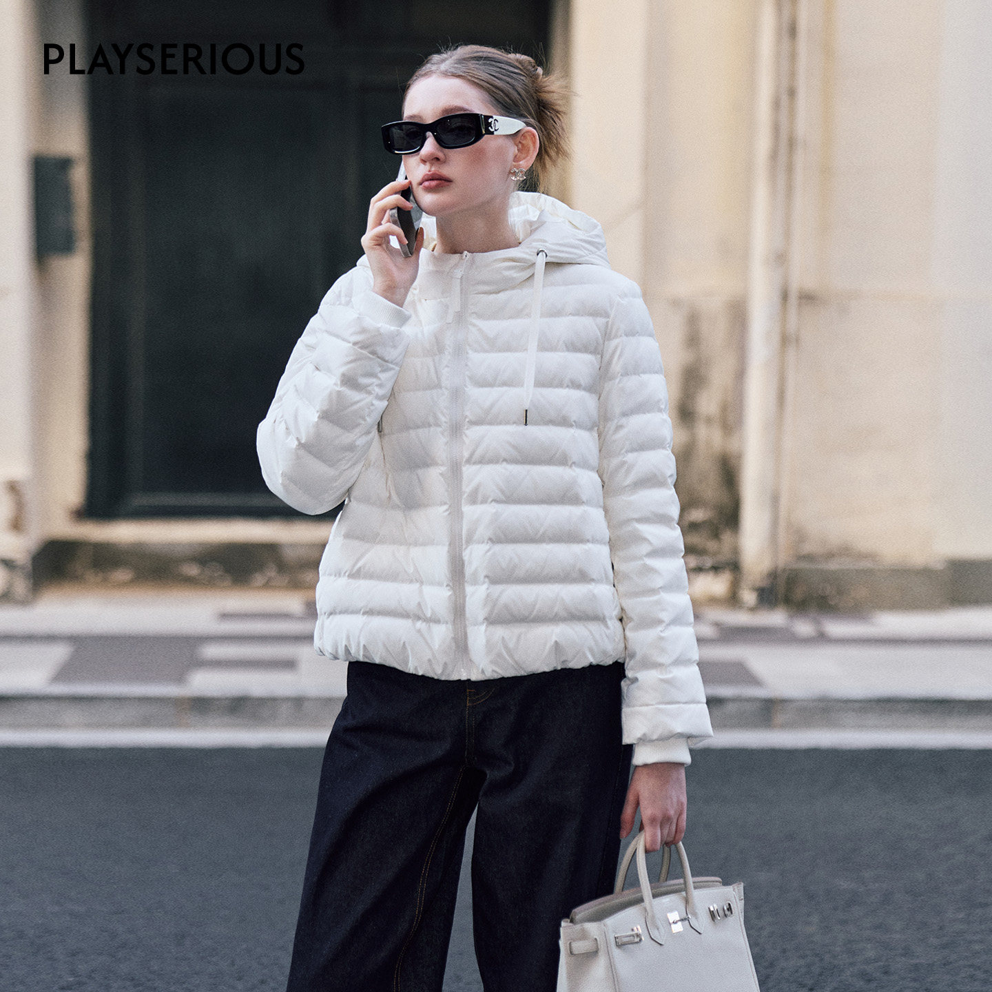 Marc Moore 2025秋冬新款排骨连帽羽绒服简约短款轻薄羽绒服外套