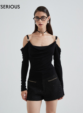 KINGWEN 2025秋季新款黑色露肩荡领吊带长袖上衣女气质百搭上衣