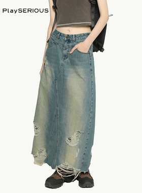 THE GOD PARTICLE 2025秋新款TGP高腰洗水破洞牛仔裙女长款半裙