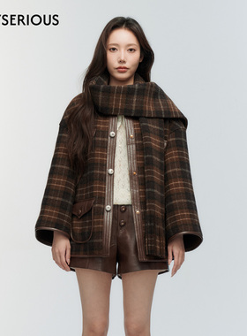 ORA GENESIS 2025秋季新款围巾装饰羊毛大衣女复古格纹毛呢大衣