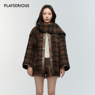 围巾装 ORA 新款 2025秋季 饰羊毛大衣女复古格纹毛呢大衣 GENESIS