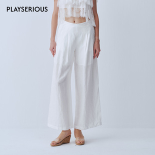 白女白色休闲长裤 SIJIA 棉麻拼蕾丝低腰阔腿裤 2026春夏新款 SUDIO