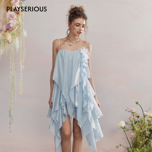 【孟子义同款】ARTE PURA 25夏季新款连衣裙女蓝色不规则吊带裙