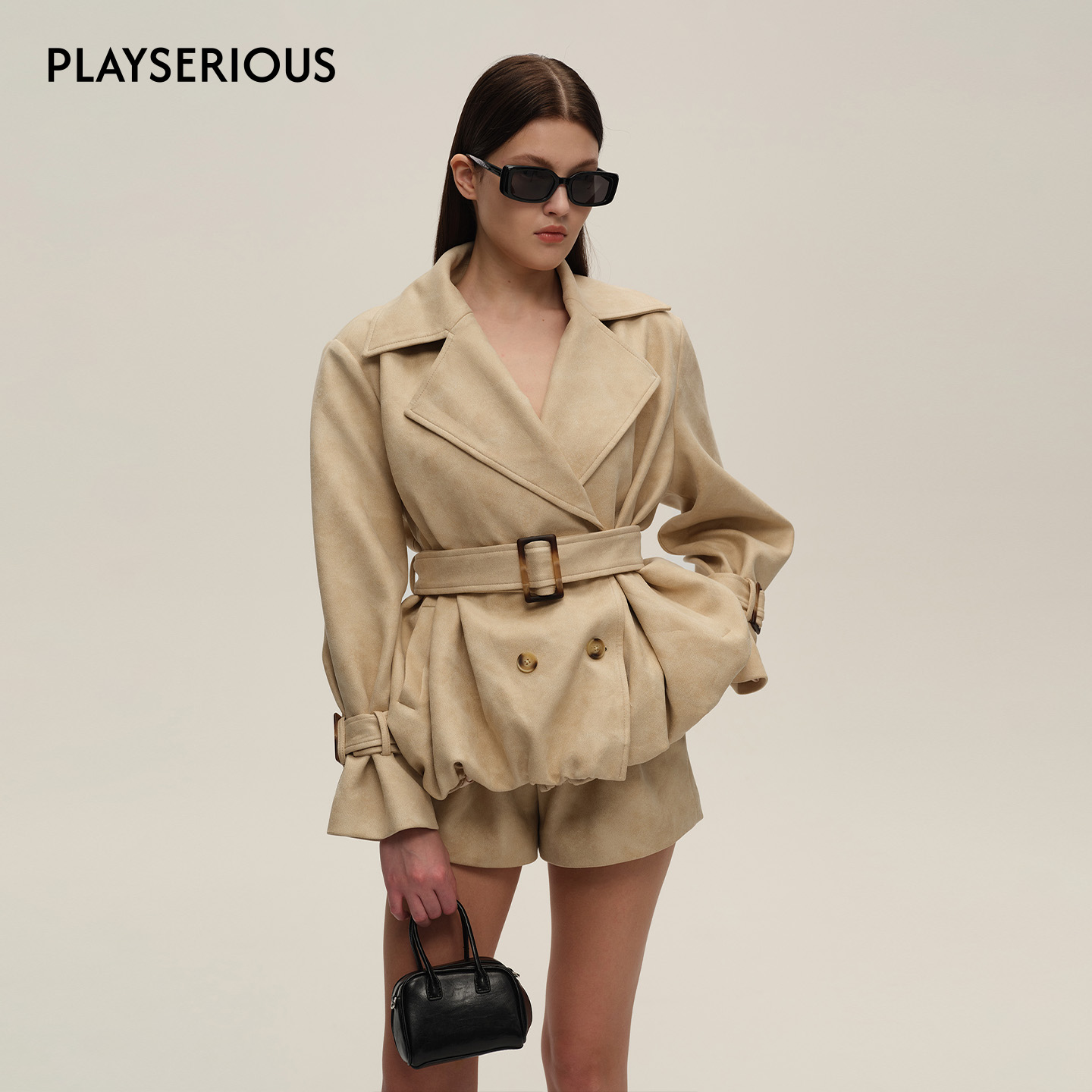 SIJIA SUDIO 2025秋季新款麂皮收腰皮风衣短裤套装女时尚卡其套装