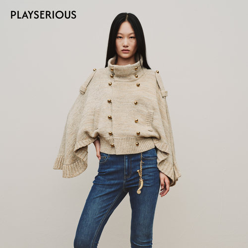 XU ZHI 2026早秋新款金属光泽真丝羊毛双排扣针织斗篷女宽松上衣