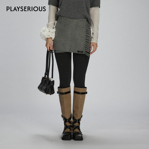 LACERTA 2025秋季新款围巾解构双面呢羊毛包臀短裙女灰色百搭短裙