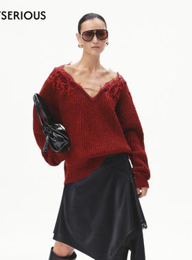 【慎婕同款】CNLEEWEI 26春新款V领宽松肌理蕾丝拼接毛织上衣女