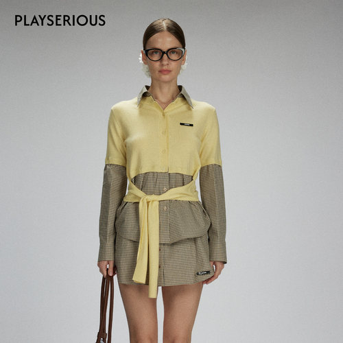 LACERTA 2025秋季新款针梭拼接绑带羊毛针织开衫奶油黄细格纹外套