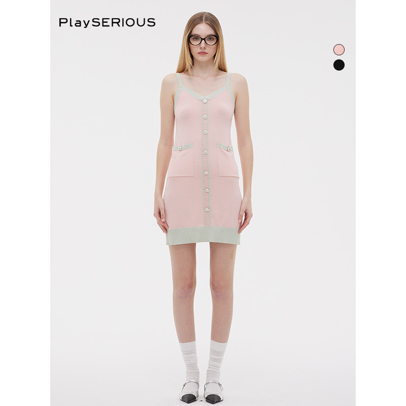 ODTD 夏季新款小香风撞色金属扣针织吊带裙女精致千金连衣裙