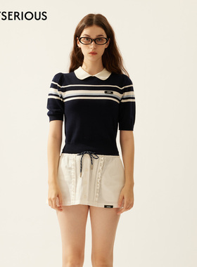 LACERTA 2026春夏新款撞色羊毛条纹学院风POLO领针织短袖T恤女