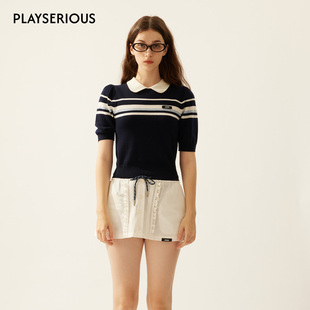 LACERTA 2026春夏新款撞色羊毛条纹学院风POLO领针织短袖T恤女
