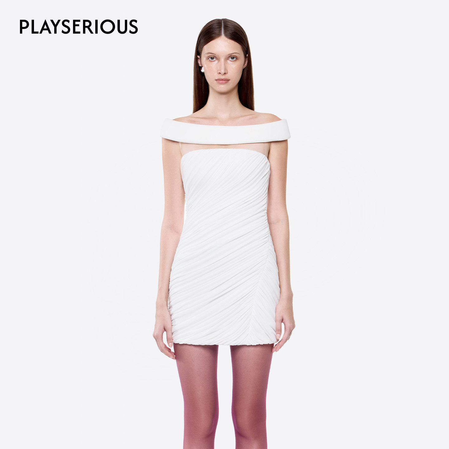 CHATS BY C.DAM 2026春夏新款修身不对称褶皱连衣裙女一字肩短裙,女装/女士精品,连衣裙,淘宝优惠券,粉丝福利购,淘宝优惠卷