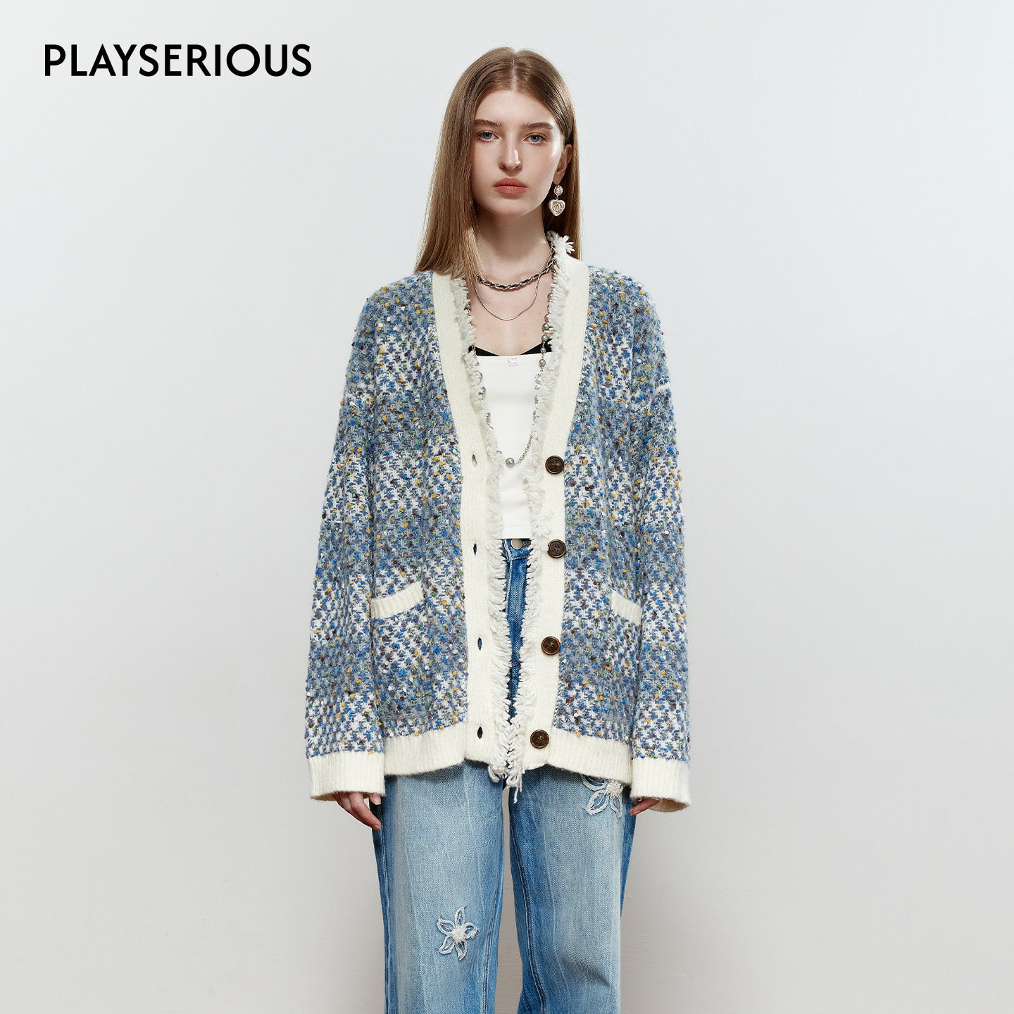 ROCHAROMMA 2025秋季新款V领花纱针织开衫女时尚小香风针织衫外套,女装/女士精品,毛针织衫,淘宝优惠券,粉丝福利购,淘宝优惠卷