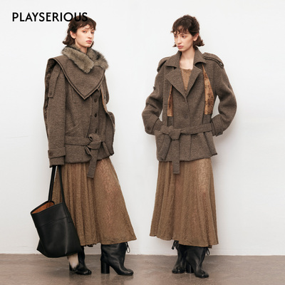 【向涵之同款】Dpercent 2025秋冬新款平驳领拼接毛领毛呢外套女