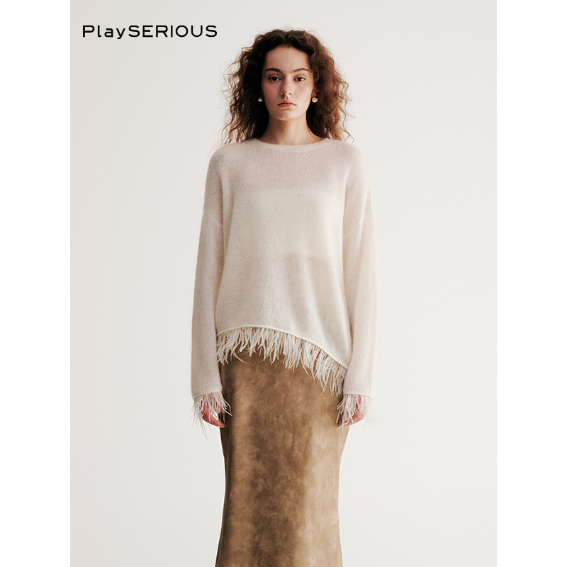 Hashmere鸵鸟毛装饰马海毛罩衫