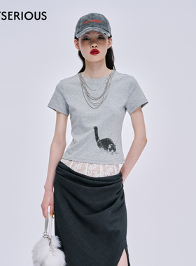 【虞书欣吕颖ivy同款】MARKGONG 2025秋季新款短袖灰色小猫T恤女