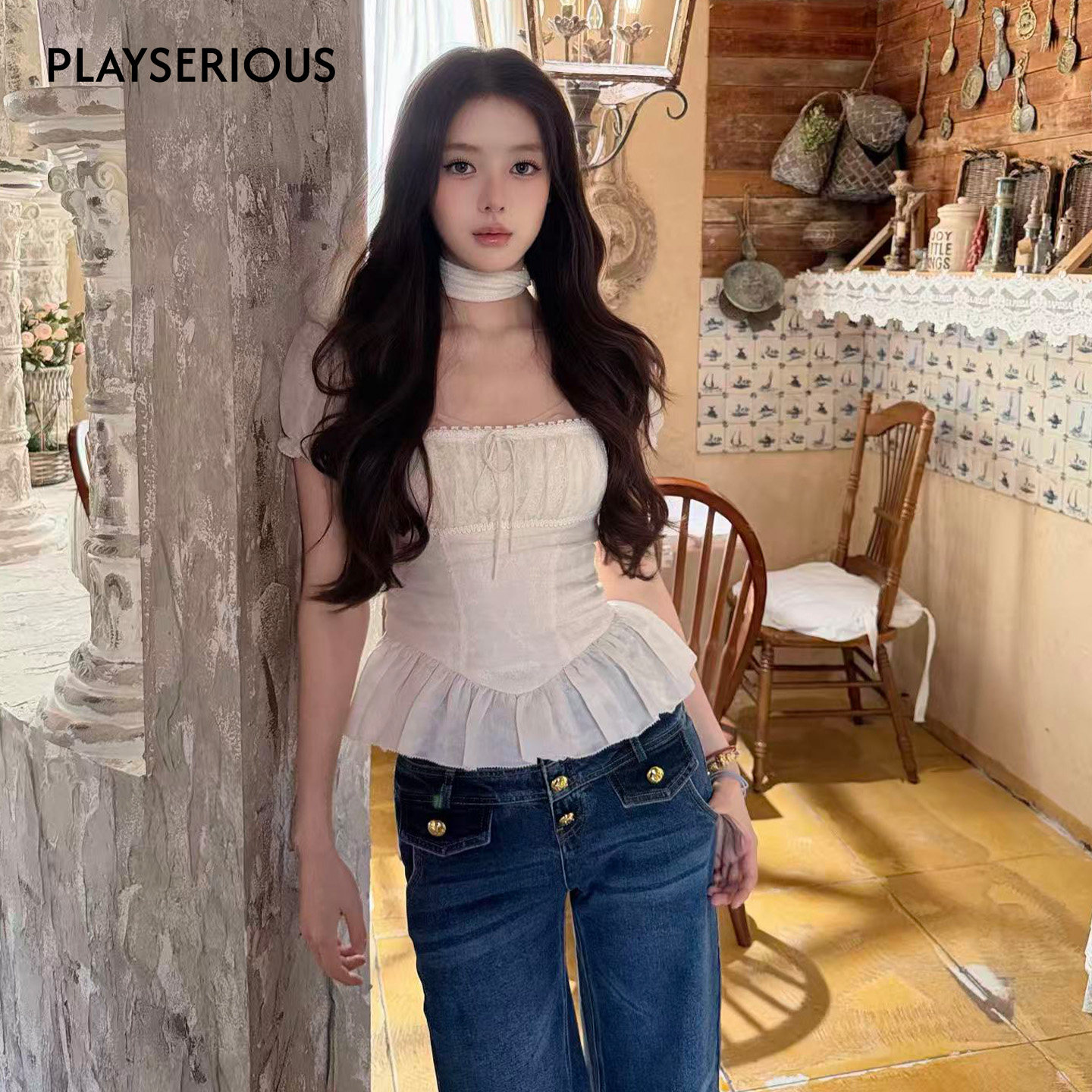 Maison Wester 2026夏季新款宫廷风灯笼袖方领花边上衣女甜美上衣