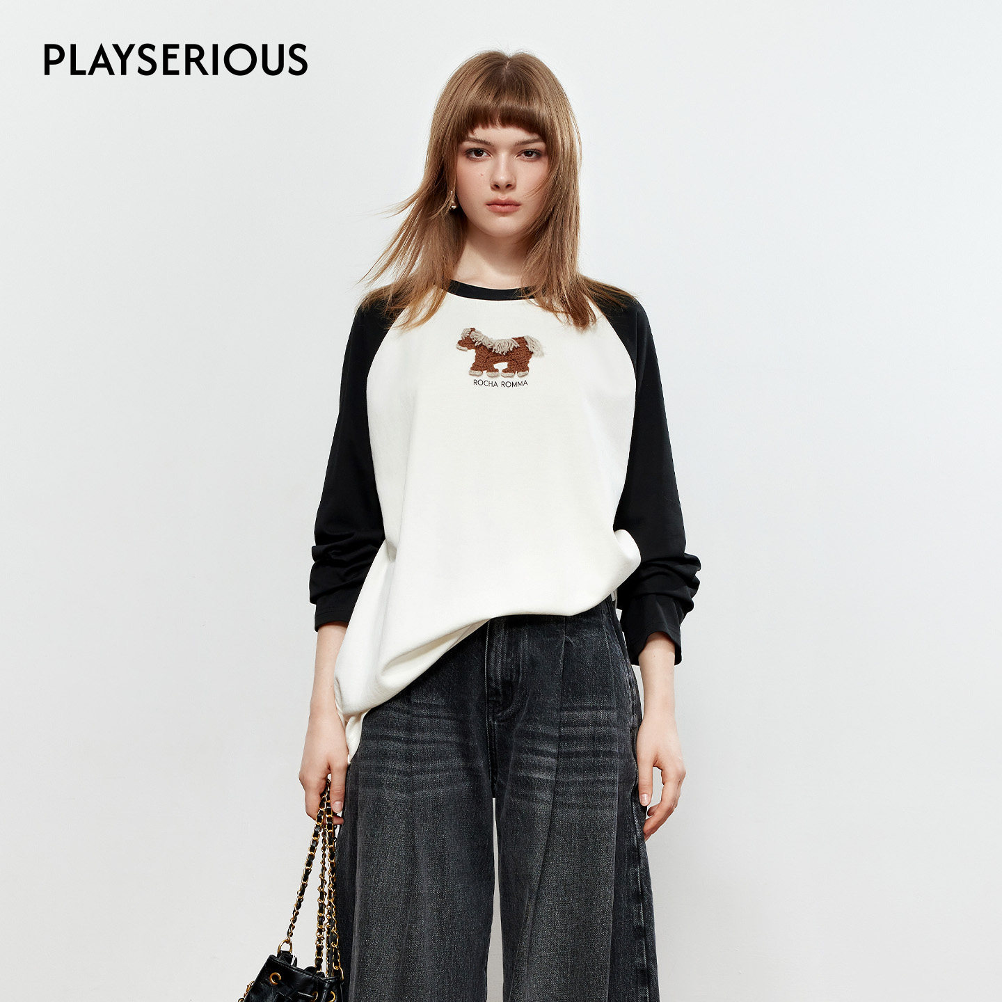 【徐艺洋同款】ROCHAROMMA 25秋季新款手钩小马图案撞色长袖T恤女