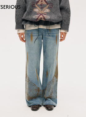 ICE DUST 2025秋季新款做旧蕾丝牛仔裤女复古设计感牛仔直筒长裤
