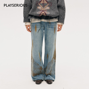 ICE DUST 2025秋季新款做旧蕾丝牛仔裤女复古设计感牛仔直筒长裤