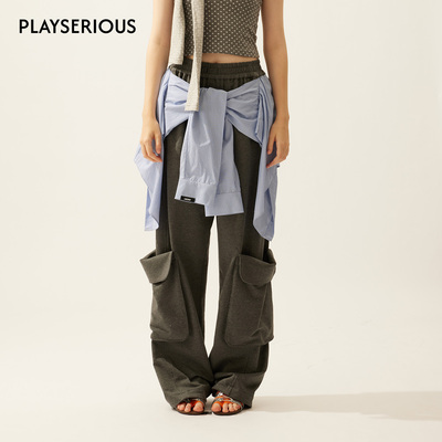 LACERTA 2026春夏新款灰色针织拼蓝色条纹衬衫假两件工装阔腿长裤