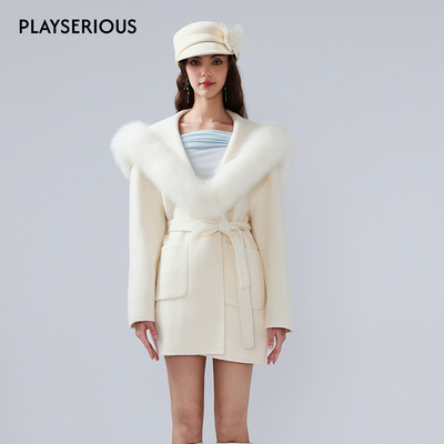 【徐如蓝同款】KINGWEN 2026春夏新款狐狸毛领毛呢外套女羊毛大衣