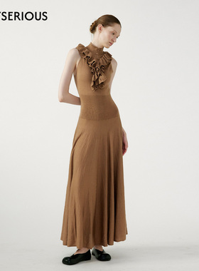 NONETONE 2026春季新款真丝羊毛荷叶边领无袖针织伞摆连衣裙女