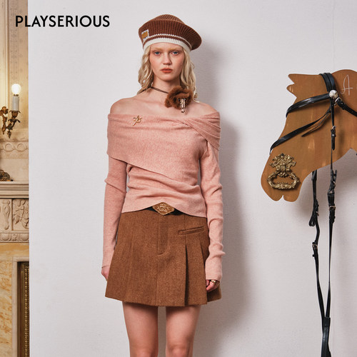 ARTE PURA 2025秋季新款烟粉色一字肩针织上衣女时尚甜美休闲上衣