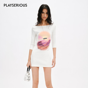 【Lisa同款】MARKGONG 26春夏新款峡谷飞车印花七分袖露背连衣裙