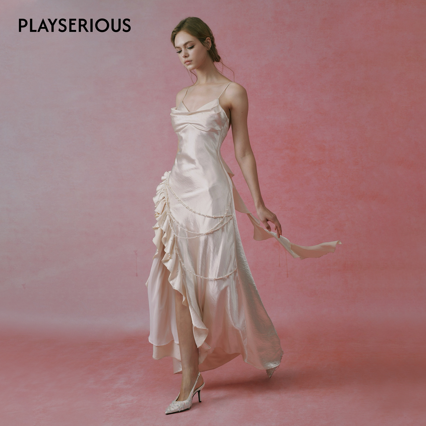 CAMEY LIU 2026春夏新款荷叶边吊带连衣裙女法式精致优雅度假长裙