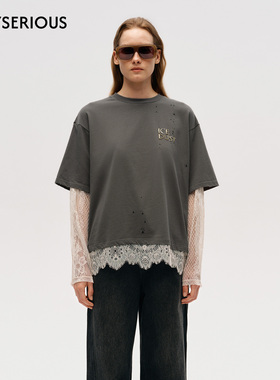 ICE DUST 2025秋季新款破洞蕾丝假两件T恤女纯色简约蕾丝拼接上衣