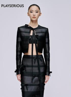 MARKGONG Fil小白同款2025春夏新款黑色蝴蝶结装饰条纹拼接开衫