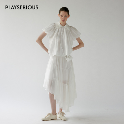 NONETONE 2026春夏新款翻领刺绣棉质短袖衬衫不对称蛋糕半裙套装