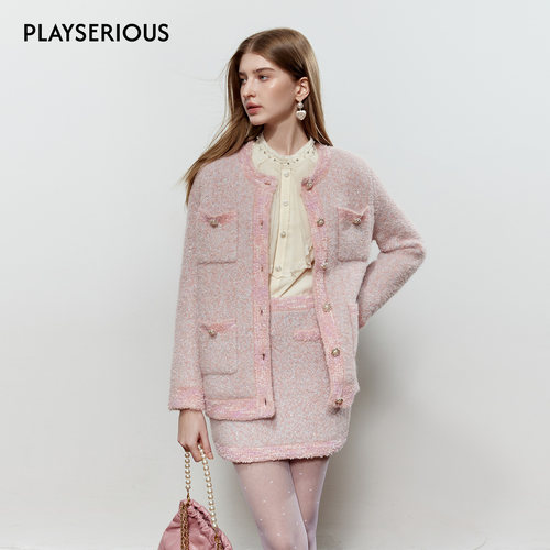 ROCHAROMMA 2025秋季新亮片圈圈纱针织开衫短裙两件套千金风套装