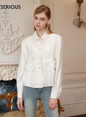 Marc Moore 2025秋季新款珍珠翻领蕾丝拼接外套女奶杏色百搭外套