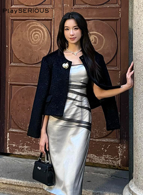 ICE DUST 冬季新款黑色圆领金属纽扣丝绒短夹克外套女百搭