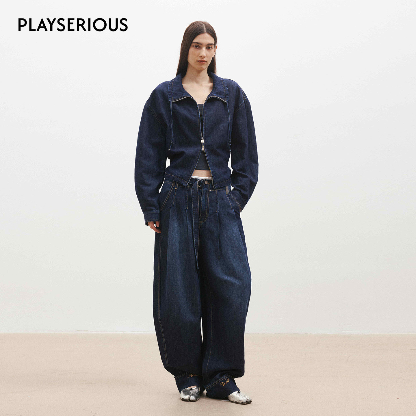 Medium Well 2026春季新款亚麻水洗牛仔收腰廓形外套打褶牛仔裤女,女装/女士精品,时尚套装,淘宝优惠券,粉丝福利购,淘宝优惠卷