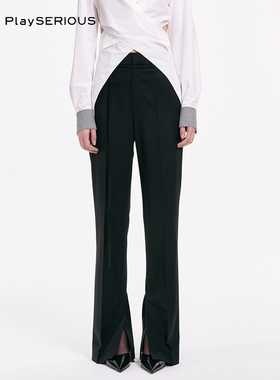 HAI STUDIO 秋季新款黑色羊毛腰系带长裤女显瘦开叉直筒裤ins