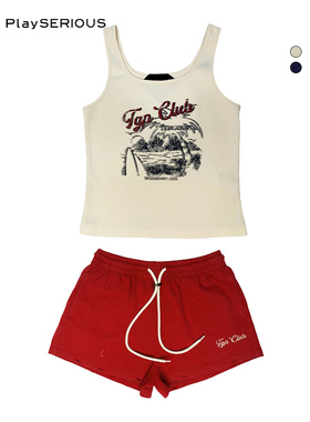 THE GOD PARTICLE 2025秋季新款复古假日印花背心短裤休闲套装女