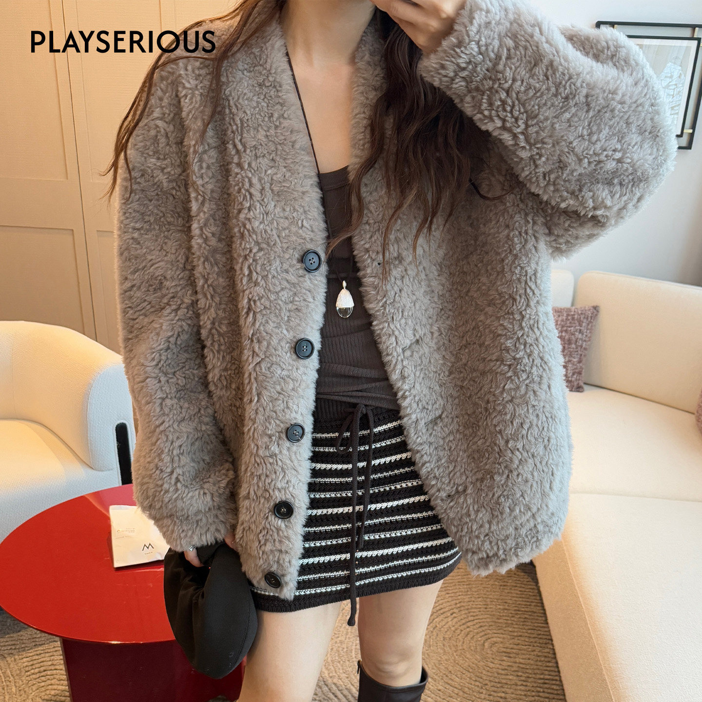 CONCISE-WHITE简白 2025秋季新款V领廓形外套女休闲慵懒毛呢外套