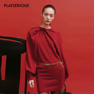 Cello Sonata 2026春夏新款全羊毛扭拧斗篷针织连衣裙酒红色长裙