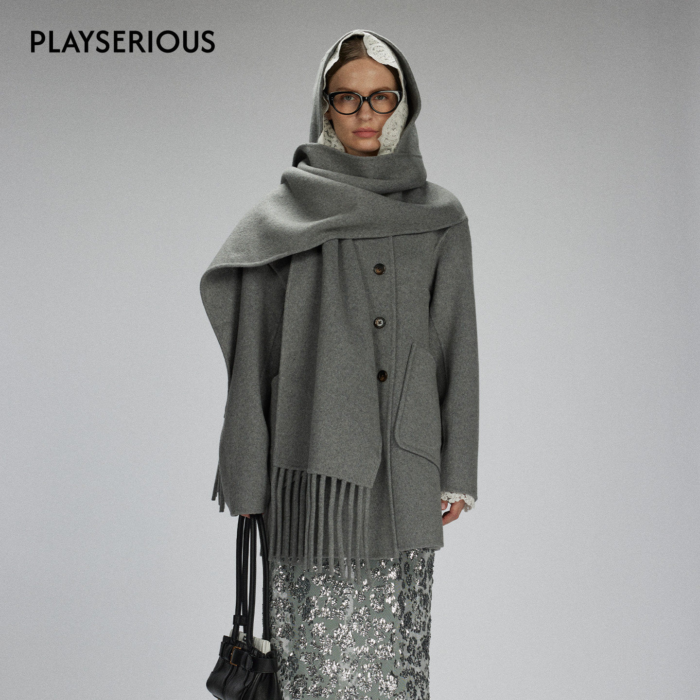 【黄梦莹同款】LACERTA2025秋季新款连帽围巾羊毛双面呢短大衣女