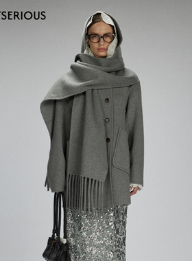 【黄梦莹同款】LACERTA2025秋季新款连帽围巾羊毛双面呢短大衣女